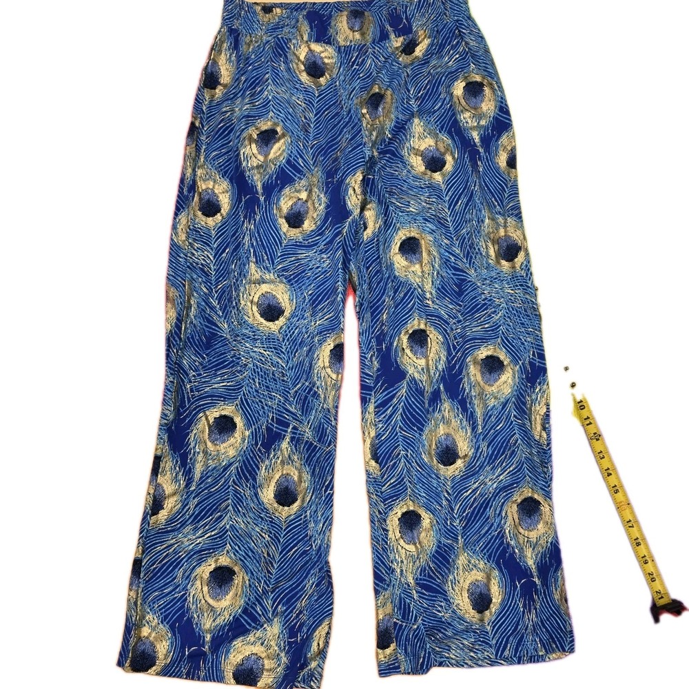IMAN Global Chic Peacock Feather Print Wide Leg Pants Blue Gold Metallic Large